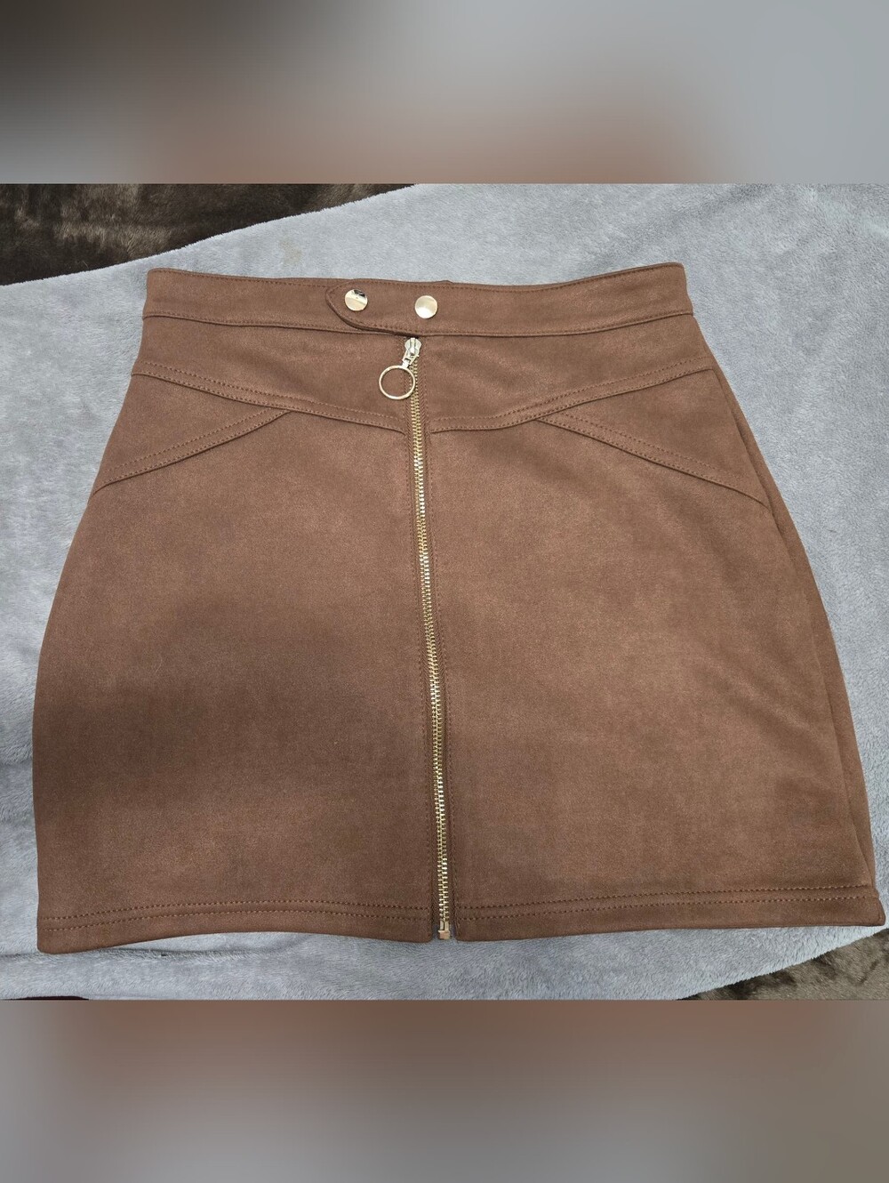 Haute Monde Brown Suede-Look Zip Front Mini Skirt